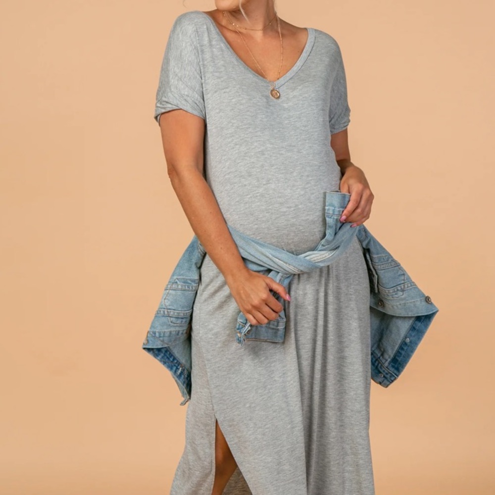 Pink Blush Grey Solid Short Sleeve Maternity Maxi Dress